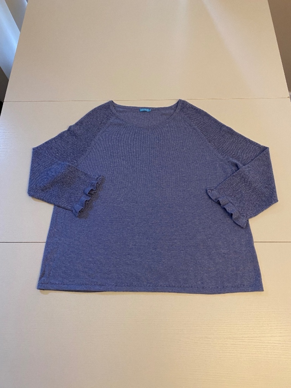 J.McLaughlin Blue 100% Cotton Ruffle Sleeve Trims Sweater Size Extra Large - Picture 4 of 11